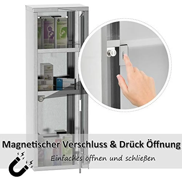 Kleankin Medizinschrank Erste-Hilfe-Schrank mit Schloss 3 Fächer (Medikamentenschrank, 1-St, Arzneischrank) Silber 20 x 12 x 58 cm – Bild 5