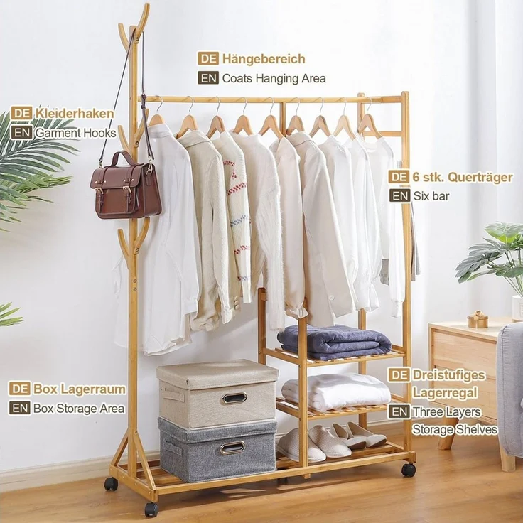 Yorbay Kleiderständer Garderobenständer aus Bambus, (mit Rollen, mit Kleiderstange, 3 Ablagen und 6 Kleiderhaken), Kleiderständer 100 x 38 x 176 cm für Flur, Wohnzimmer, Schlafzimmer – Bild 3