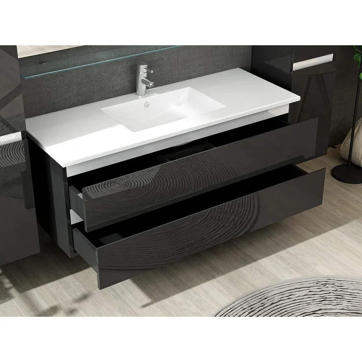 Homeline Badmöbel Set mit Schubladen Glas ablage (Marcel Schwarz, 120 cm Einzelbecken 1x Hochschrank) – Bild 4
