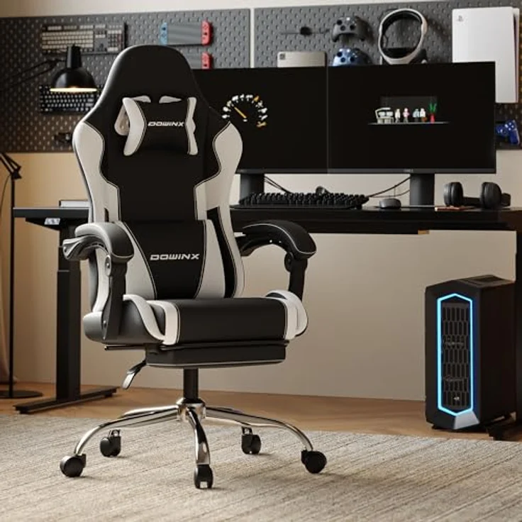 Dowinx Gaming Stuhl, Ergonomischer Gamer Stuhl für Büro und Home Office, Verstellbarer Bürostuhl mit Rückenlehne bis 150°, mit Fußstütze, Belastbar bis 180 kg, Weiß – Bild 2