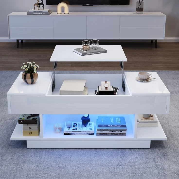 Couchtisch Weiß Hochglanz mit LED, Lift-Top Funktion, seitlichen Ablagen & 4 offenen Fächern, Wohnzimmertisch – Bild 3