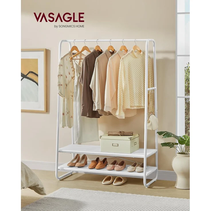Vasagle Kleiderständer, Garderobenständer, Garderobe, 2 Ablagen, 6 Haken in S-Form, Stahlgestell, für Schlafzimmer, Flur, Eingangsbereich, wolkenweiß-mattweiß – Bild 2