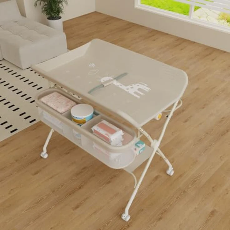 Wickeltisch, zusammenklappbar, mit Aufbewahrungskorb, Struktur aus Eisen, max. Belastung 25 kg, für Neugeborene, ergonomisches Design, Wickeltisch, 75 x 68 x 83–91 cm (A) Cremeweiß – Bild 2