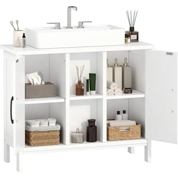 YITAHOME waschbeckenunterschrank mit Zwei geschlossene Schrankelemente, Bad unterschrank 70 cm breit, badezimmerschrank mit offenen Regalen, unterschrank waschbecken, Weiss