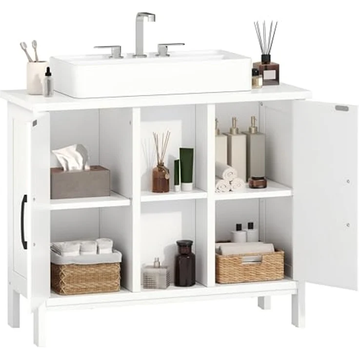 YITAHOME waschbeckenunterschrank mit Zwei geschlossene Schrankelemente, Bad unterschrank 70 cm breit, badezimmerschrank mit offenen Regalen, unterschrank waschbecken, Weiss – Bild 1