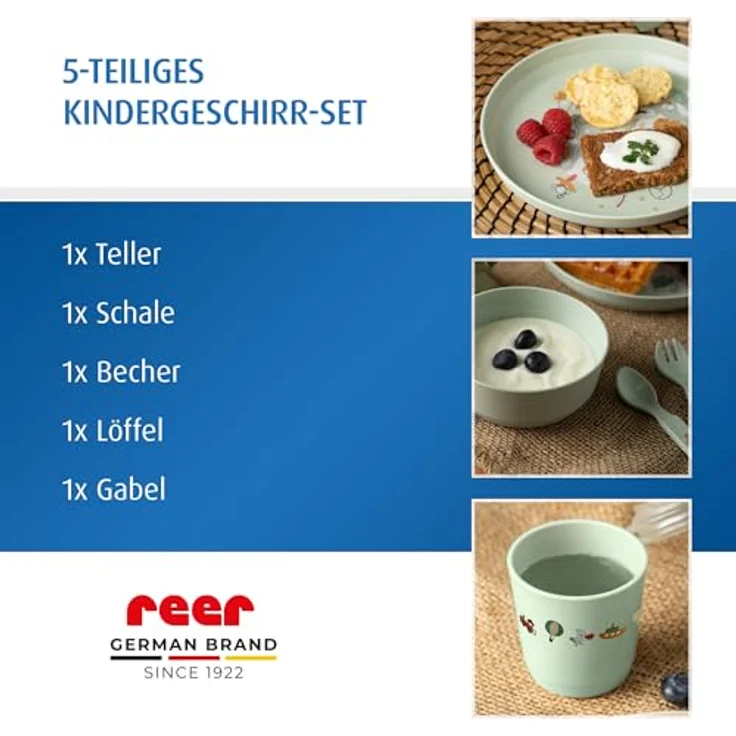 reer Kindergeschirr Set | Motiv: Little Explorer | Biokunststoff-Geschirr für Kleinkinder aus 100% ISCC-zertifiziertem Material | 5-teilig | BPA-frei | spülmaschinengeeignet – Bild 3