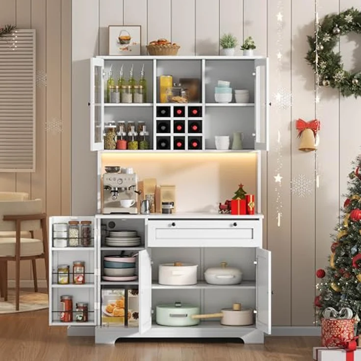 Ball & Cast Küchenschrank, Buffetschrank mit verstellbaren Einlegeböden, Steckdosen und Integrierter Beleuchtung, 105 x 40 x 180 cm, Weiß – Bild 4