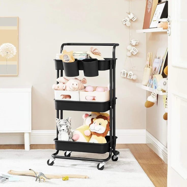 SONGMICS Rollwagen, 3 Ebenen, Servierwagen, Küchenwagen mit Griff, 2 kleine Einhängefächer, 2 Bremsen, Ablagefächer aus Kunststoff, einfacher Aufbau, Schlafzimmer, Waschküche, schwarz BSC067B01 – Bild 2