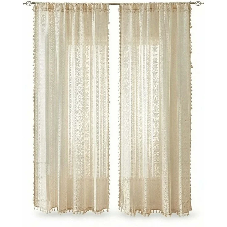 Zyronn Scheibengardine Boho-Quasten-Vorhänge für Wohnzimmer, Vintage-Stil (2 St) – Bild 1