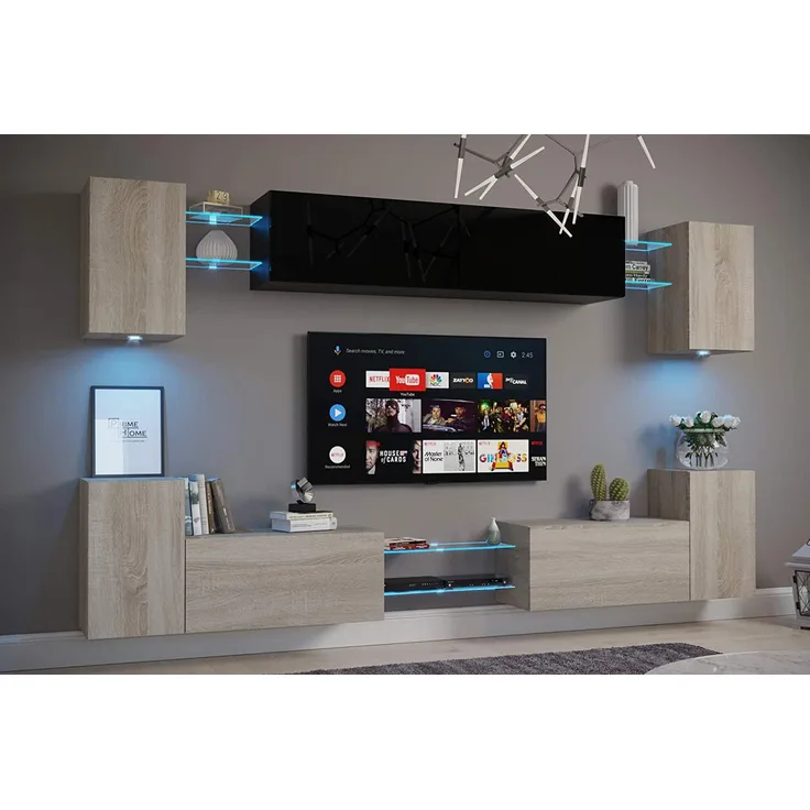 FURNITECH Nairobi C1 Möbel Wohnzimmer Schrankwand Wohnwand Wandschrank Mediawand mit Led Beleuchtung (D40-HGM-SB11, LED blau)