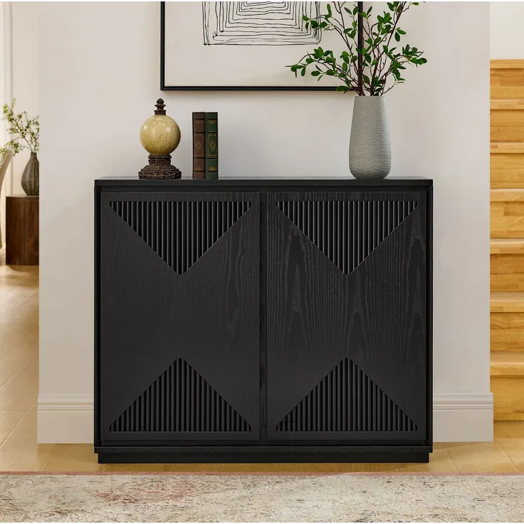 DESVIAE Sideboard Schwarz aus Massivholz/MDF – 109,22x54,94x17,78 cm – V-Rillen, Kabelöffnungen