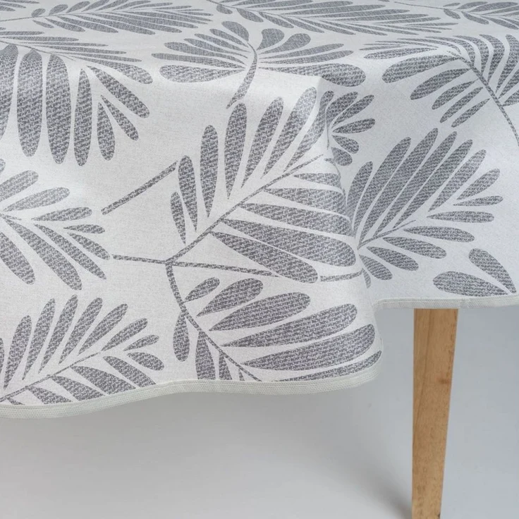 laro Tischdecke 140cm runde Tischdecke mit Saum-Eingefasst Blattgeflüster Grau Weiß – Bild 4