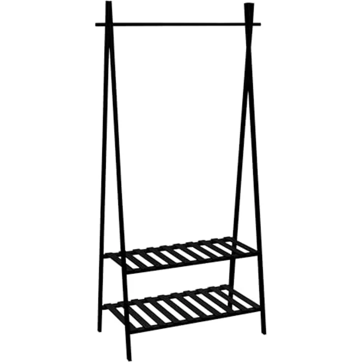 MSV Kleiderständer MIA, Garderobenständer mit Kleiderstange und 2 Ablagen, Bambus, matt schwarz, 84x45x180 cm – Bild 3
