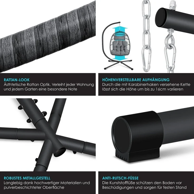 KESSER® Hängesessel Jungle mit Gestell Stahl Hängekorb Sessel Inkl. Großen Kissen + Decken Halterung - Hängeschaukel Hängesitz Indoor - Outdoor Schaukel Hängestuhl für Kinder und Erwachsene Grau – Bild 2