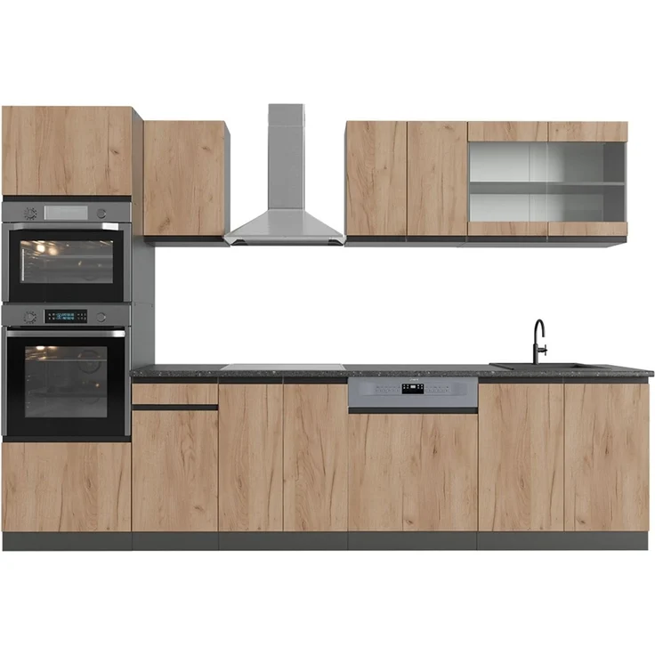 Küchenzeile R-Line Goldkraft Eiche/Anthrazit 300 cm J-Shape mit Hochschrank, AP Anthrazit Vicco – Bild 1