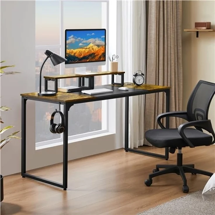 Yaheetech Schreibtisch Computertisch, Arbeitstisch Lerntisch mit 2 Motorhalterung/2 Kabeldurchführungen/1 Kopfhörerhaken, 140 × 60 × 89,5 cm, Rustikales Braun – Bild 4