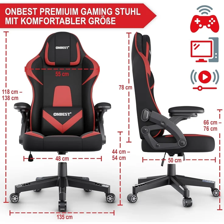 Onbest Gaming-Stuhl ergonomisch mit Lordosenkissen bis 150kg, 360°, verstellbare Armlehnen Kopfstütze Rückenlehne – Bild 2