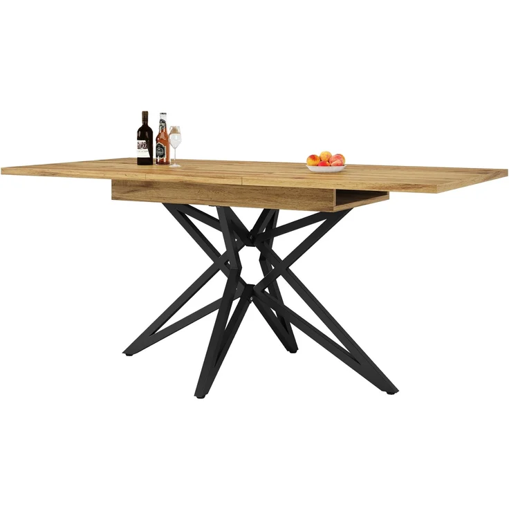 Ausziehbarer Esstisch 120 (160) x 80 cm, ausziehbarer Küchentisch, Frühstückstisch, sternförmige Tischbeine, schwarze Eisenbeine, Tischplatte aus Walnussholz/Marmorimitat – Bild 8