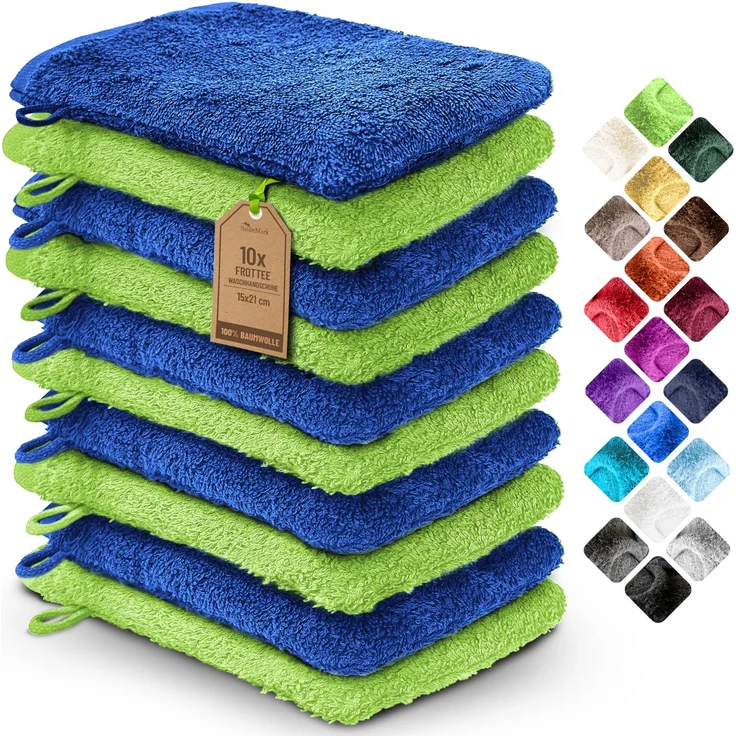 NatureMark 10x Waschhandschuhe aus Frottee 100% Baumwolle – Weich und Robust, Ideal für die tägliche Pflege und Gäste – Royal/Apfelgrün, 15x21 cm