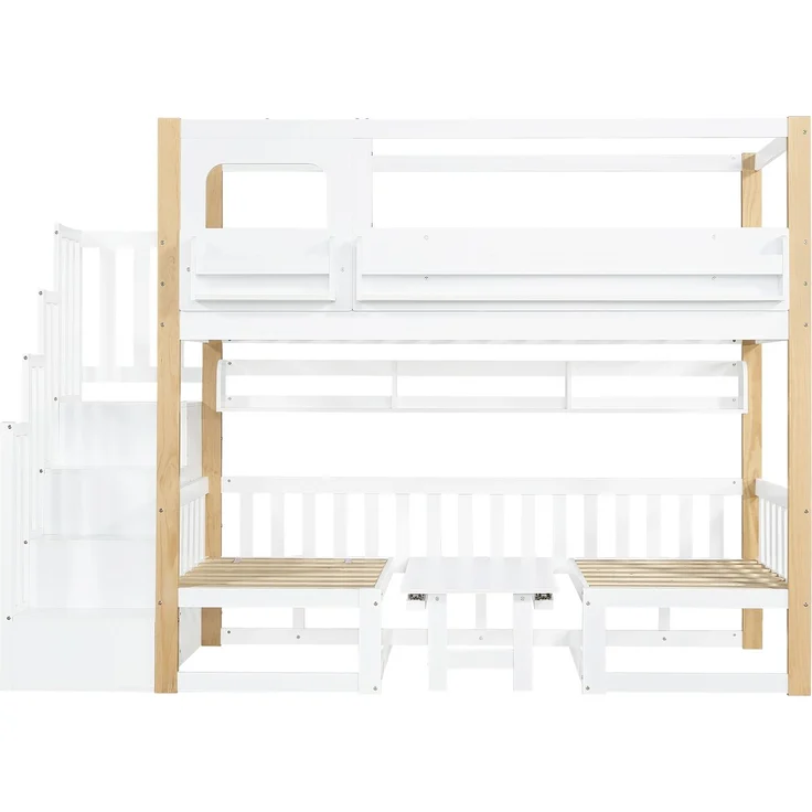 Merax Etagenbett, 90x200cm Kinderbett, Multifunktionaler höhenverstellbarer Tisch, mit einem kleinen Bücherregal am Bettrand, Stabile Aufbewahrungstreppe, Weiß+Natur – Bild 9