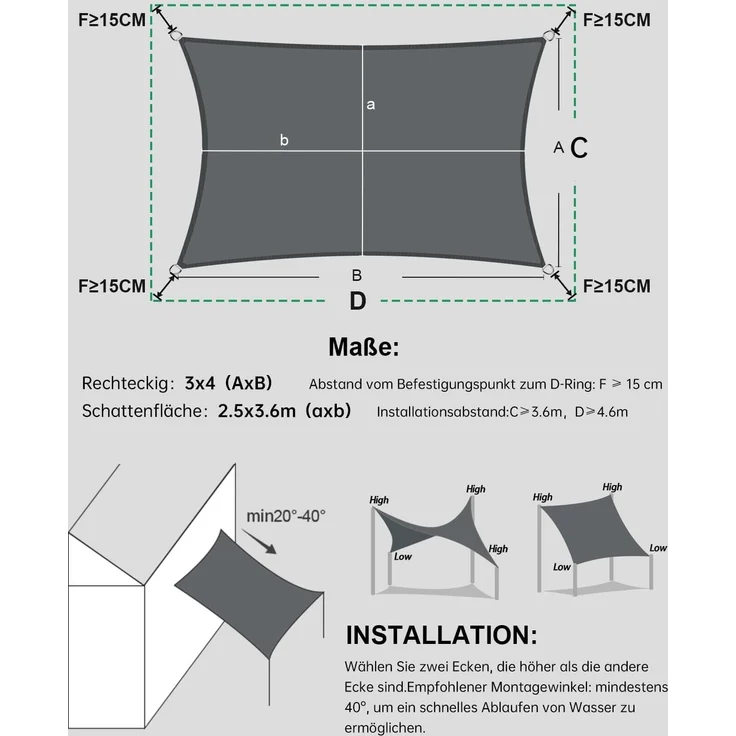 LOVE STORY Sonnensegel Wasserdicht 3. 5x5 m Rechteckig PES Polyester Sonnenschutz Windschutz Balkon Terrasse 95% UV-Schut,für Balkon Garten,Anthrazit – Bild 4