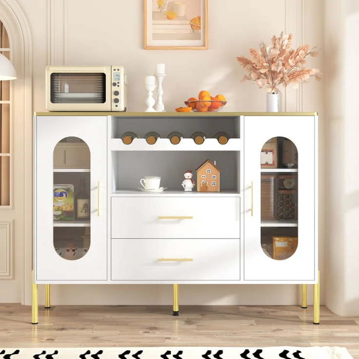 Merax Weißes Sideboard, Glasfronten & Weinregal – Sideboard für Esszimmer & Wohnzimmer – Verstellbarer Fuß – Viel Stauraum – Bild 5