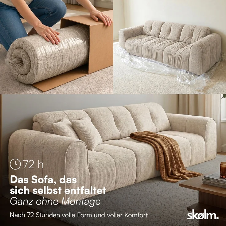 skølm 'Vanaheim' Sofa 3 Sitzer mit 2 Kissen, Cloud Sofa beige, Chenille-Stoff, Vollschaumcouch mit Federkern und Vakuum-Kompression, kein Aufbau erforderlich – Bild 3