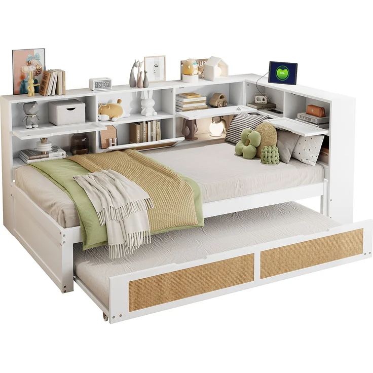 Multifunktionales Massivholz-Schlafsofa mit Ausziehbett 90x200 cm, Stauraum & USB-Anschlüssen, Gäste- & Tagesbett, Weiß – Bild 6