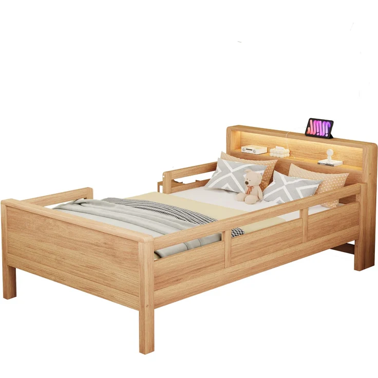 Kinderbett 90x200 cm mit LED & USB Type-C Anschluss,Massivholz Einzelbett mit Kopfteil Ablage & Gitterdesign,Weiß – Bild 6