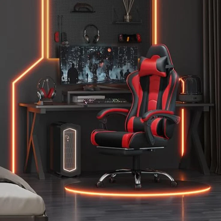 Yaheetech Gaming Stuhl Ergonomischer Gaming Sessel mit Massagefunktion Computerstuhl mit Fußstütze Bürostuhl 90-135° Rückenlehne verstellbar Gamer Stuhl für für Homeoffice und Gaming Rot – Bild 3