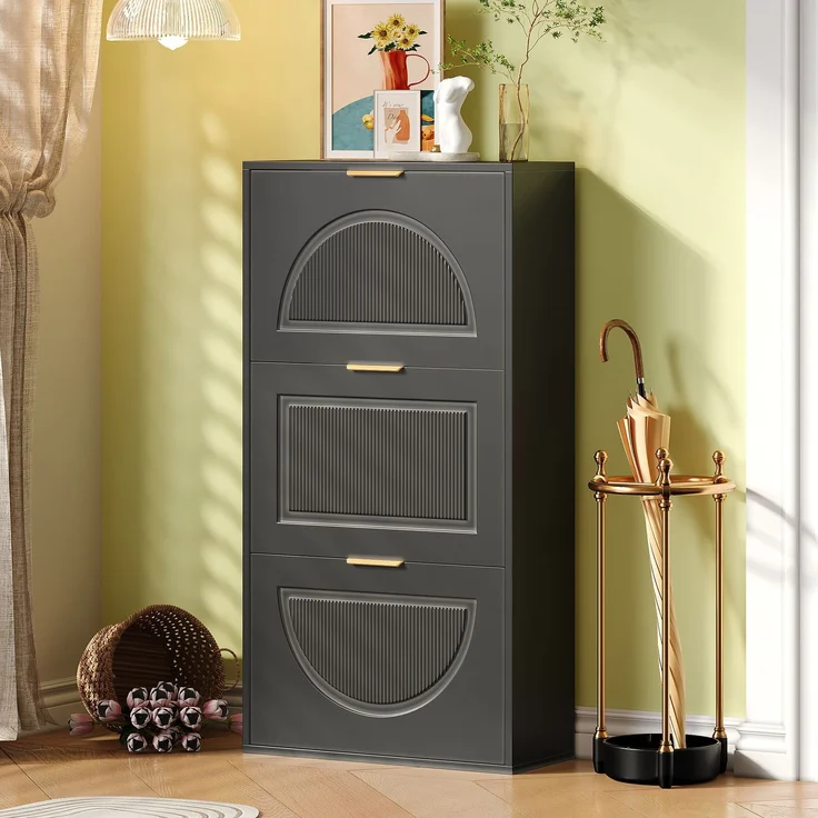 Kommode 60x24x114 cm, schmaler Schuhkipper in Schwarz aus MDF und Spanplatte, kippsicher – Bild 3