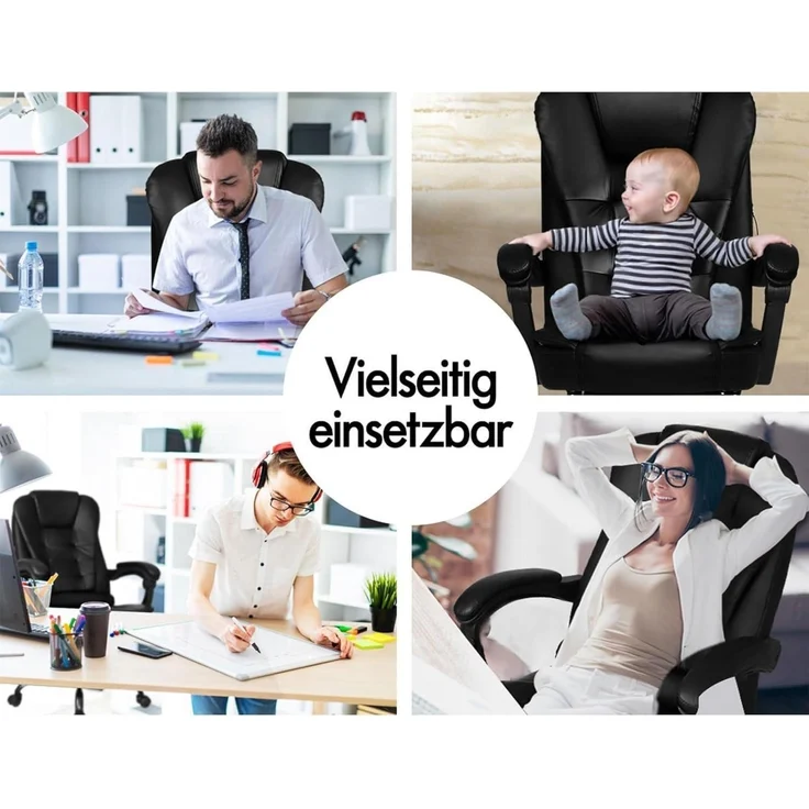 Ergonomischer Bürostuhl Leder Schwarz Massage Lordosenstütze – Bild 7