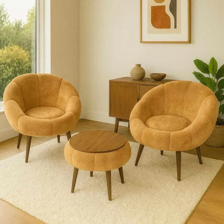 Hanah Home Elegantes Ohrensessel- und Couchtisch-Set (3-teilig), Braun, 100% Leinen und Esche | 18 mm melaminbeschichtet | Gemütlich und stilvoll – Bild 3