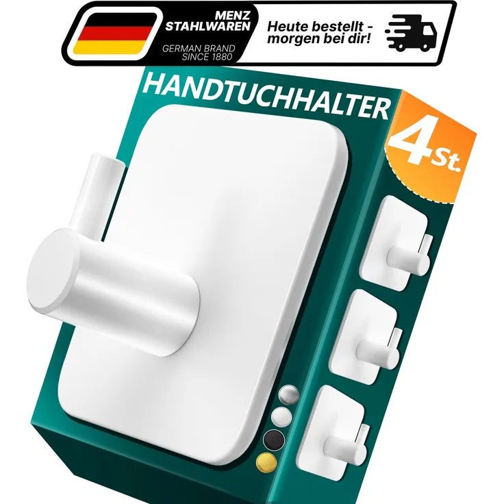 Lindenstein Handtuchhaken 4er-Set Weiß – Edelstahl V2A, selbstklebend mit 3M-Pads
