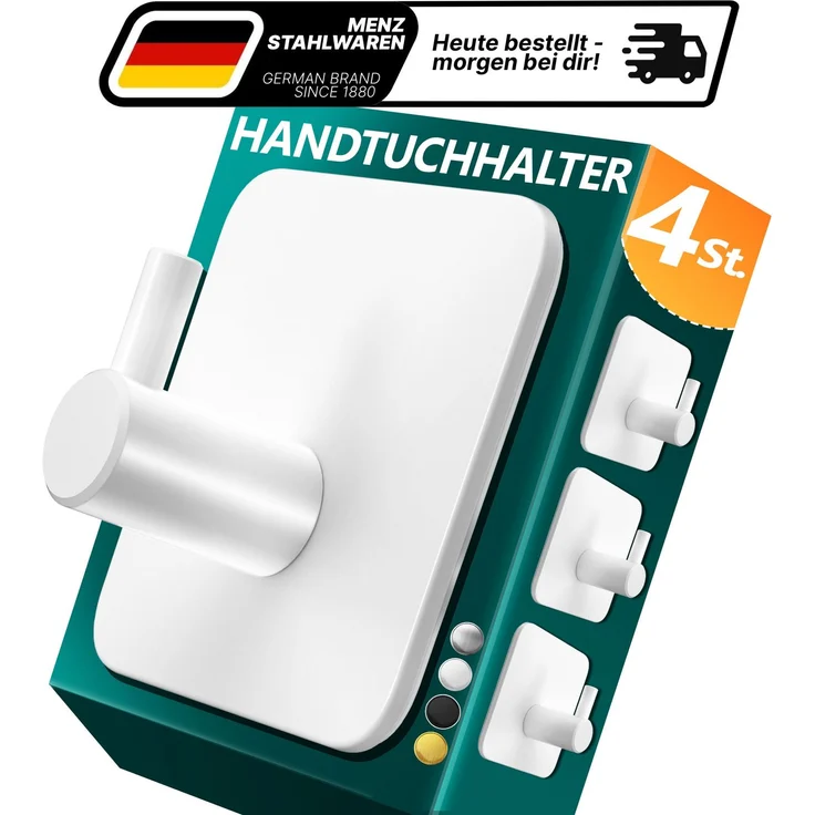 Lindenstein Handtuchhaken 4er-Set Weiß – Edelstahl V2A, selbstklebend mit 3M-Pads – Bild 1