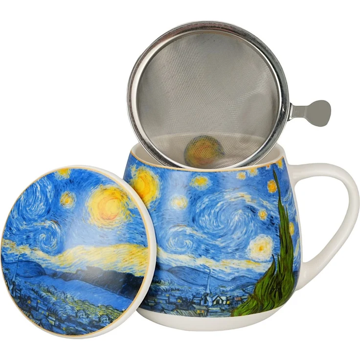 DUO ART GALLERY Fassbecher 430 ml mit Teesieb STARRY NIGHT inspired by Van Gogh, New Bone China Porzellan – Bild 1