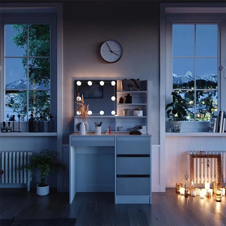 Schminktisch Sherry Weiß 90 cm mit LED Beleuchtung, und Spiegelregal Vicco – Bild 4