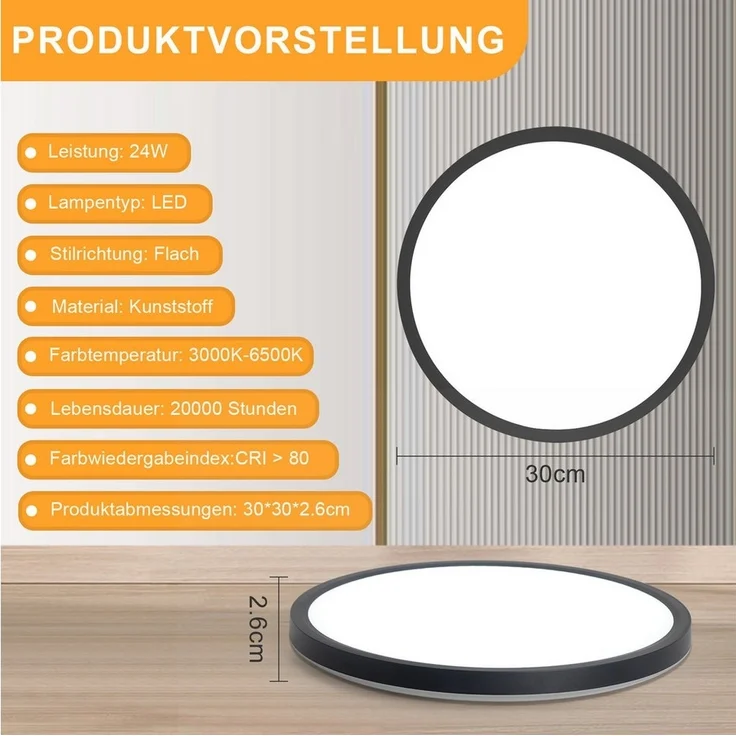 Nettlife LED Panel Flach Dimmbar Deckenleuchte 30cm Rund Weiß 24W zimmer, Dimmbar mit Fernbedienung, LED fest integriert, Warmweiß, Neutralweiß, Kaltweiß, Flurlampe lampe für Küche Flur Schlafzimmer – Bild 2