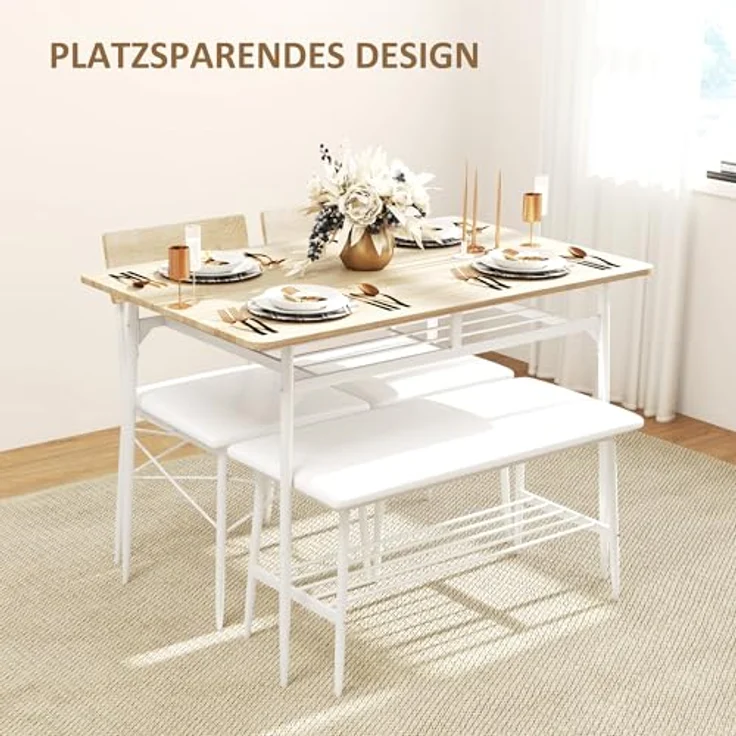 HOMCOM Esstisch-Set, rechteckig aus Eiche und Metall, 110x75x70 cm, inkl. 2 Stühlen und Bank, abgerundete Ecken, praktische Ablagefächer, Kunstlederbezug, für Esszimmer und kleine Küchen – Bild 5