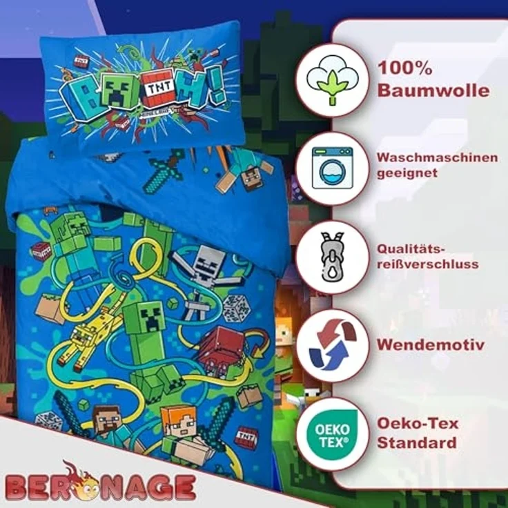 BERONAGE Wendebettwäsche Minecraft Bettwäsche Slurp Blast Biber / Flanell, Baumwolle, 2 teilig, 135x200 + 80x80 cm – Bild 3