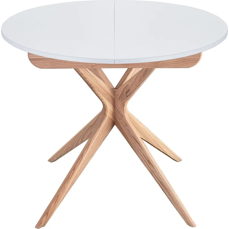 Ragaba Runder ausziehbarer Esstisch Ø 90 cm Weiß MDF & Massives Eschenholz