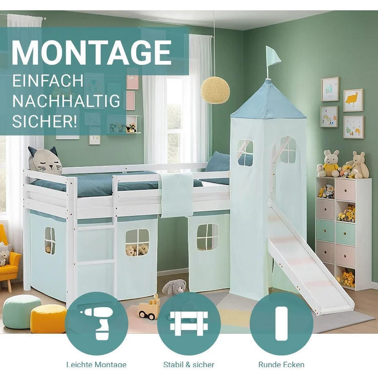 Hochbett Kinder 90x200 cm mit Rutsche Kinderbett Kinderhochbett Stockbett Vorhang Turm Grün Mintgrün – Bild 5