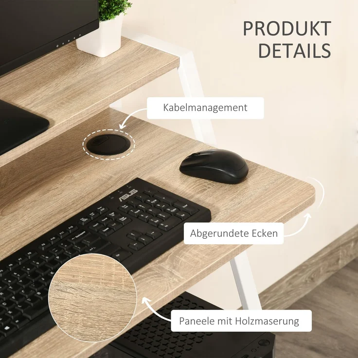 Schreibtisch Moderner Computertisch mit Ablagefach & Kabeldurchlass Metallgestell Weiß Eiche 84x45x85cm für Home Office & Arbeitszimmer--Weiß--84x45x85cm--YOUDENOVA – Bild 6