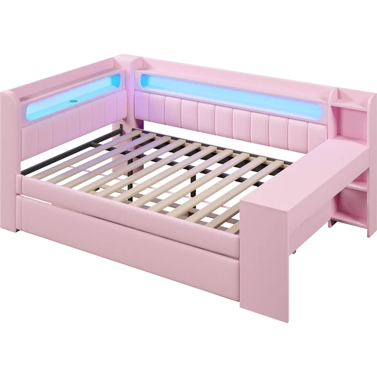 Gepolstertes 140x200 Tagesbett mit USB-Anschlüssen und LED-Gürtel, mit Ausziehbett und Schreibtisch, Rosa – Bild 7