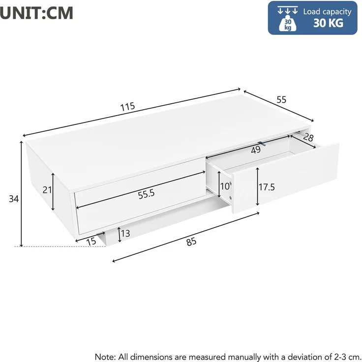 Merax Moderner Hochglanz Couchtisch in Weiß, 115 x 55 x 34 cm, mit 2 Schubladen, LED-Beleuchtung und 30 kg Tragkraft – Eleganter Wohnzimmertisch – Bild 4