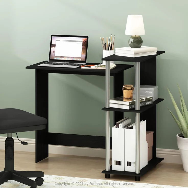 Furinno Abbott Eck-Computertisch mit Bücherregal, Americano, Edelstahlrohre – Bild 2