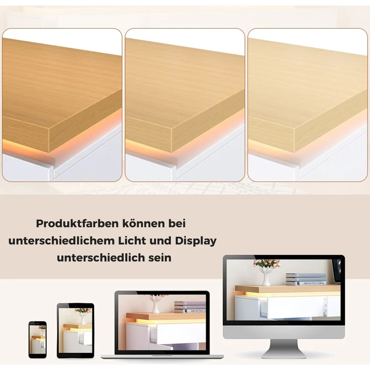 ZUBALIYA 140×50cm großer Schreibtisch,verlängerte und verdickte Tischplatte mit LED-Beleuchtung, ausgestattet mit 3 Schubladen,2 Türen und verstellbaren Einlegeböden,großer Stauraum, Schreibtisch, Schminktisch – Bild 3