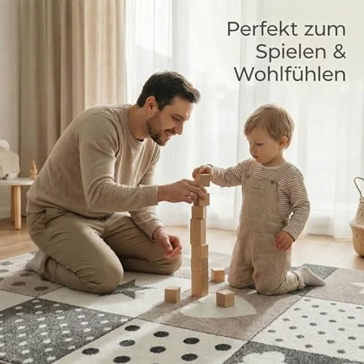Kinderteppiche Patchwork Herz Sterne Wolke | Kinderteppich für Mädchen und Jungs | Teppich für Kinderzimmer | Farbe: Blau, Grau & Rosa | Kinderzimmerteppich , Grau , 160x230 cm – Bild 5