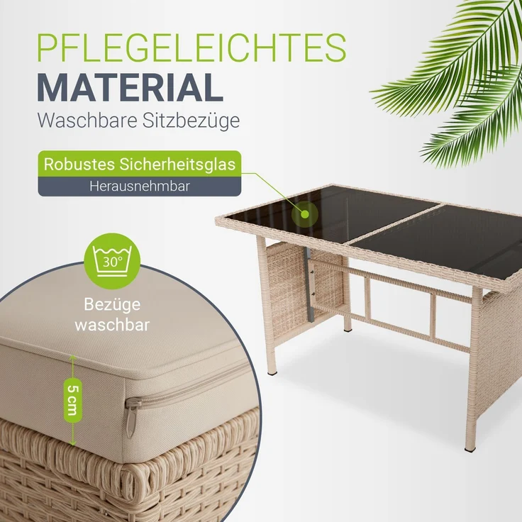 Juskys Polyrattan Lounge Manacor creme – Gartenlounge mit Sofa, Tisch, 2 Hocker & Kissen, inkl. Abdeckung – Gartenmöbel Set bis 8 Personen – Sitzbezüge in Sand – Bild 3