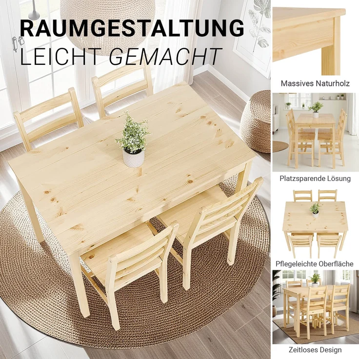 Esstisch mit 4 Stühlen Set Essgruppe Holz Kiefer Natur Esszimmertisch 108x65 cm Küchenstühle Massiv Landhausstil – Bild 6